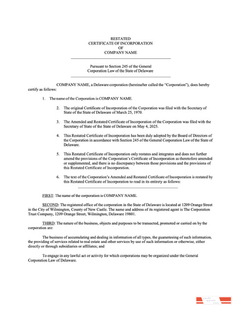 USA Delaware certificate of incorporation Word and PDF template, version 3